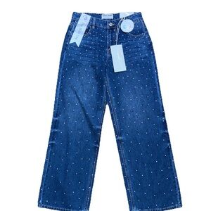 GOGO WIDE LEG EMBELLISHED FRONT STRETCH DENIM JEANS PLAIN BACK WOMENS SZ 7 / 28